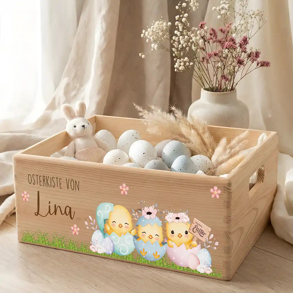 Osterkiste Holz personalisiert - Kükenfamilie