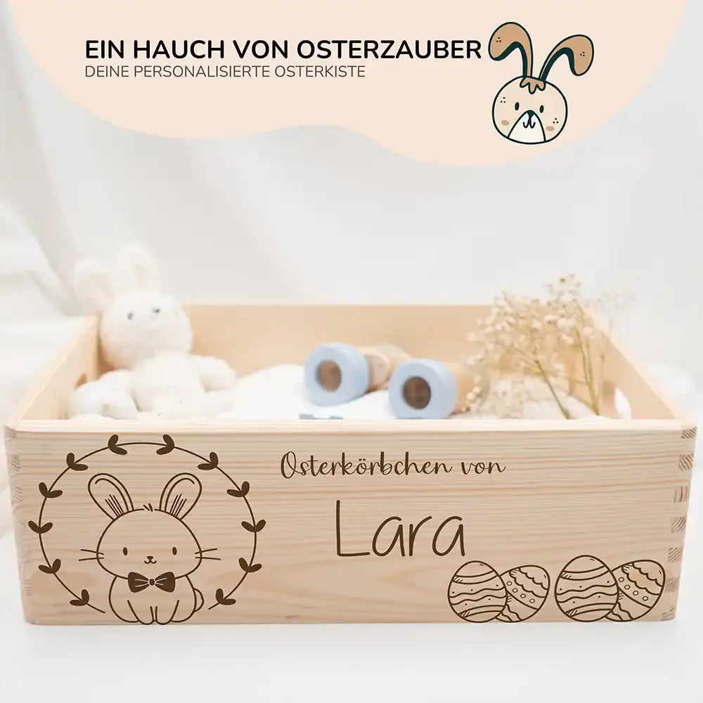 Osterkiste Holz personalisiert - Fliegen-Häschen