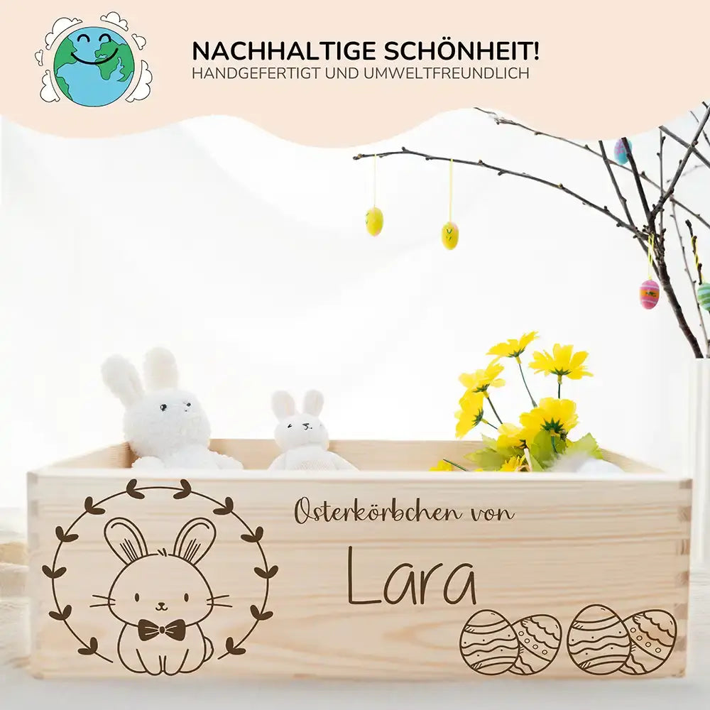 Osterkiste Holz personalisiert - Fliegen-Häschen