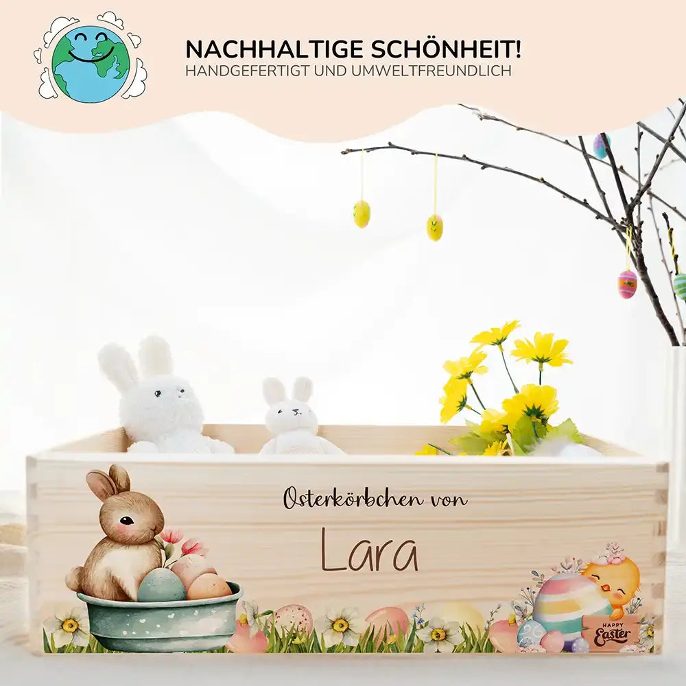 Osterkiste Holz personalisiert - Häschen im Blumenbad