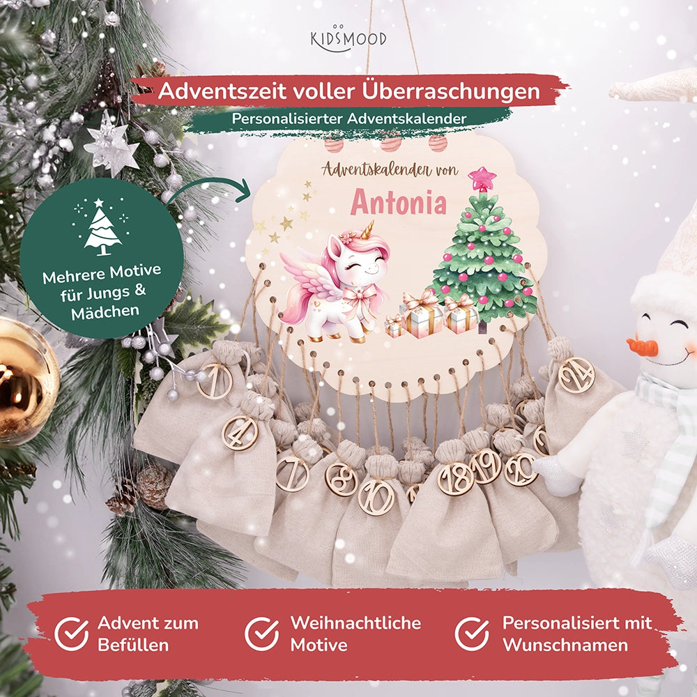Personalisierter runder Adventskalender Kinder aus Holz - Baby Einhorn