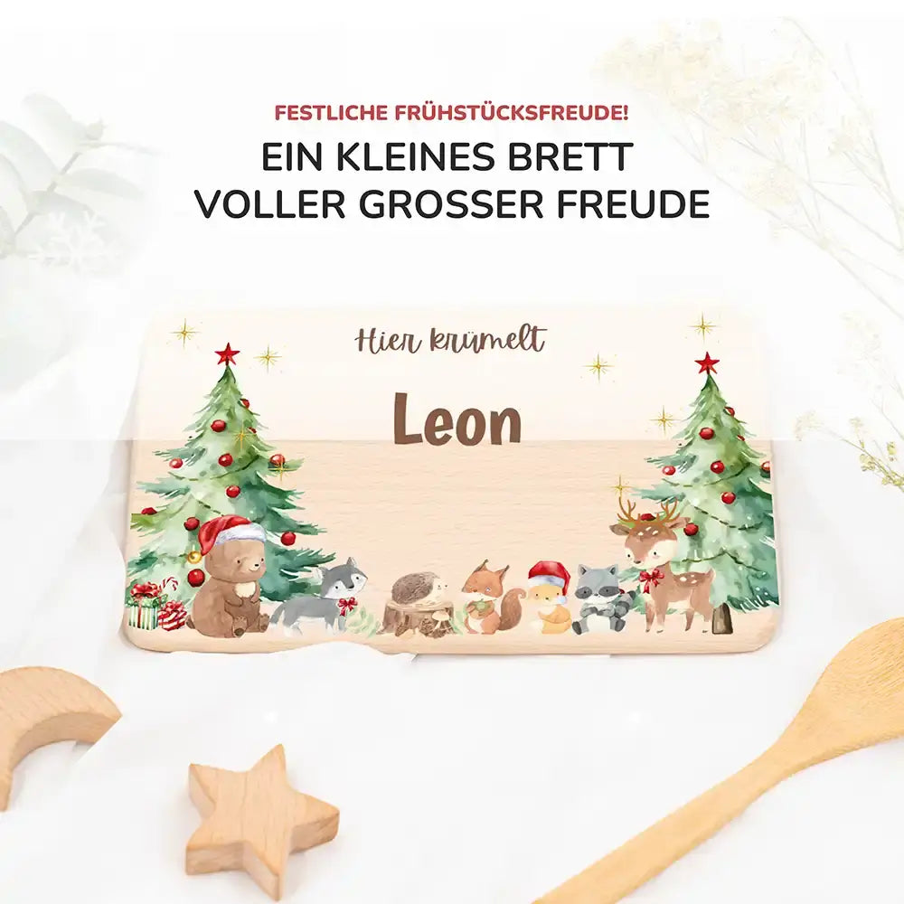 Weihnachts-Set Frühstücksbrettchen und Emaille Tasse - Niedliche Waldtiere