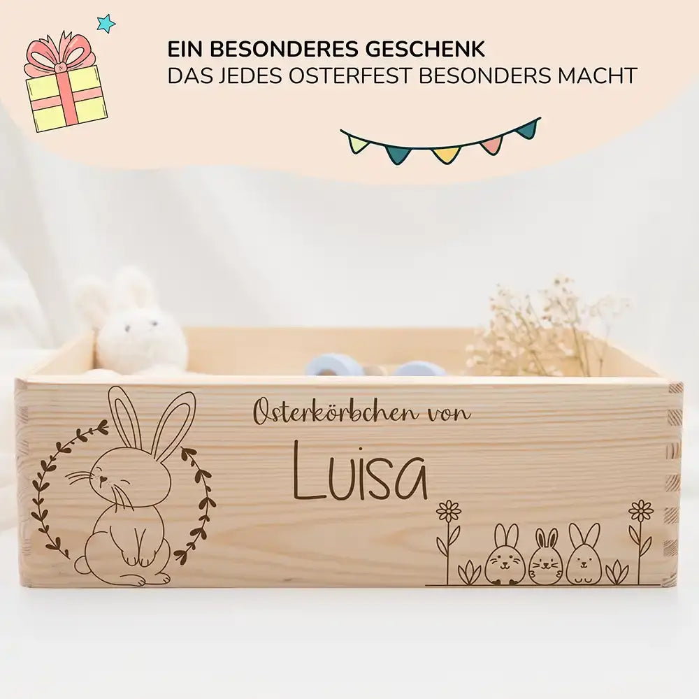 Osterkiste Holz personalisiert - Blumenkranz & Hasenbande