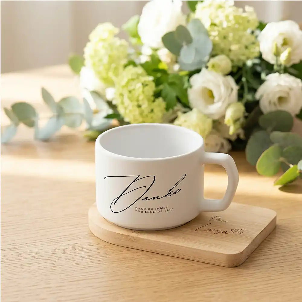 Personalisiertes Geschenk Mama â Keramikbecher Danke â immer fĂŒr mich da mit Untersetzer