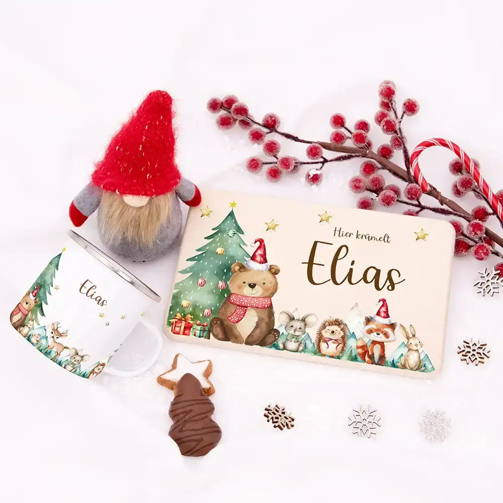 Weihnachts-Set Frühstücksbrettchen + Emaille Tasse - Winterzauber-Freunde