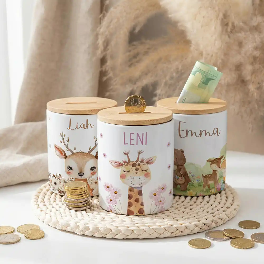 Personalisierte Spardose Giraffe Blumen â Keramik & Bambus mit Wunschname
