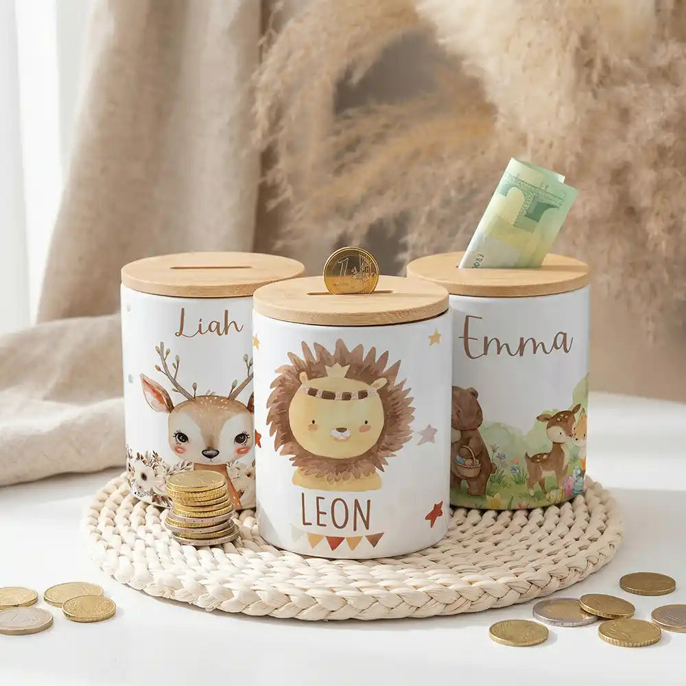 Personalisierte Spardose Löwe Boho â Keramik & Bambus mit Wunschname