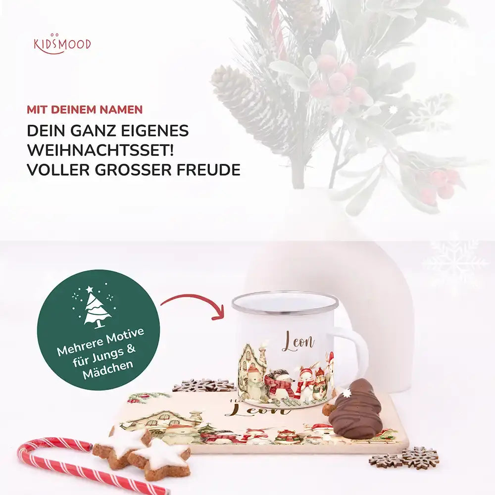 Weihnachts-Set Frühstücksbrettchen + Emaille Tasse - Weihnachtsglück