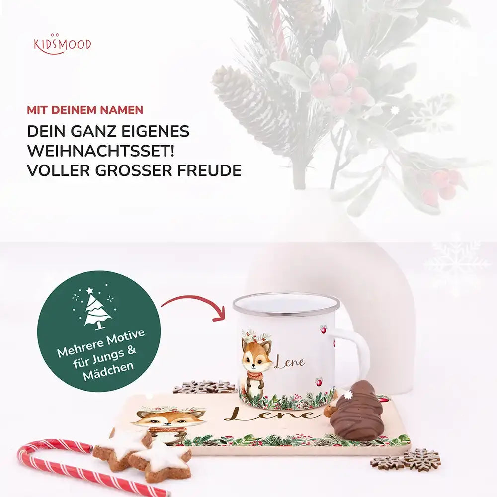 Weihnachts-Set Frühstücksbrettchen + Emaille Tasse - Baby Fuchs