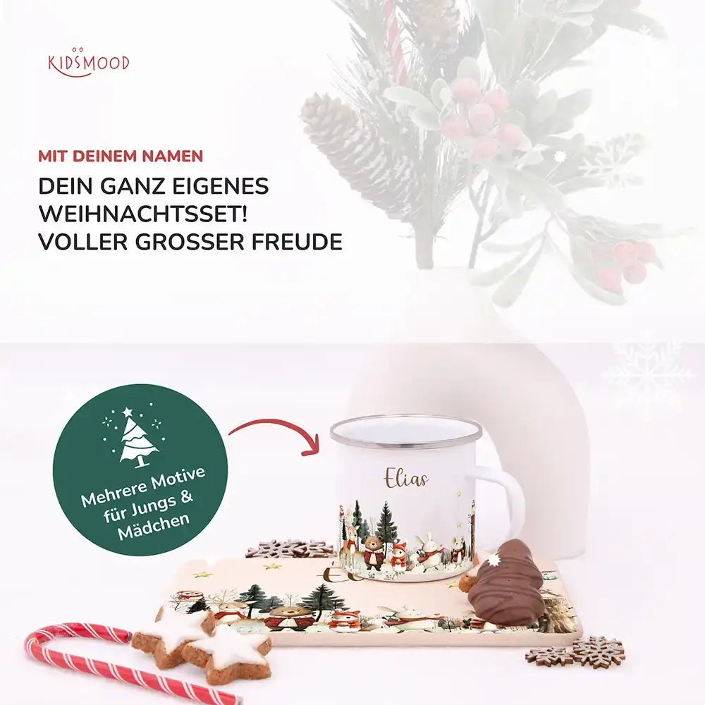 Weihnachts-Set Frühstücksbrettchen + Emaille Tasse - Waldtiere im Wintertraum