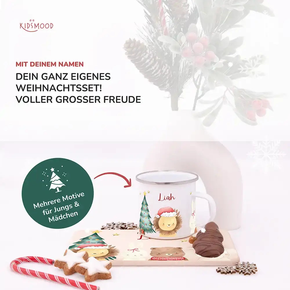 Weihnachts-Set Frühstücksbrettchen + Emaille Tasse - Löwe