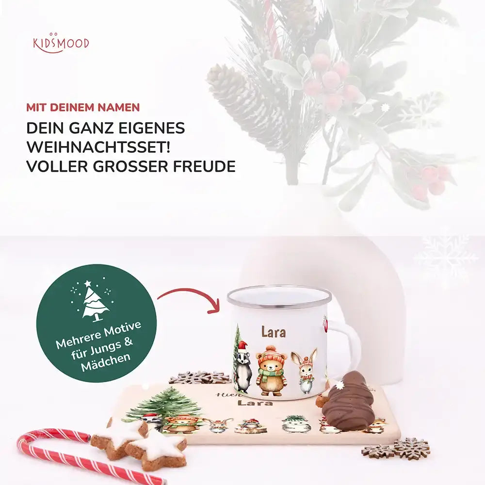 Weihnachts-Set Frühstücksbrettchen + Emaille Tasse - Waldfreunde-Picknick Motiv