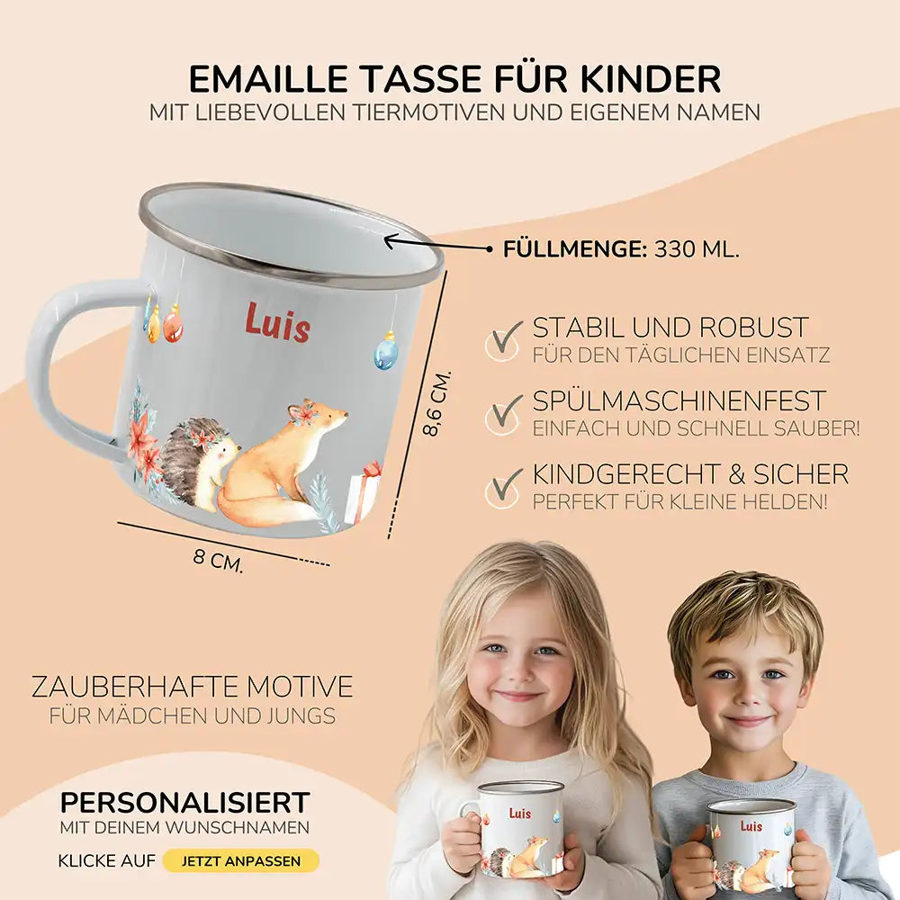 Weihnachts-Set Frühstücksbrettchen und Emaille Tasse - Fuchs im Wald
