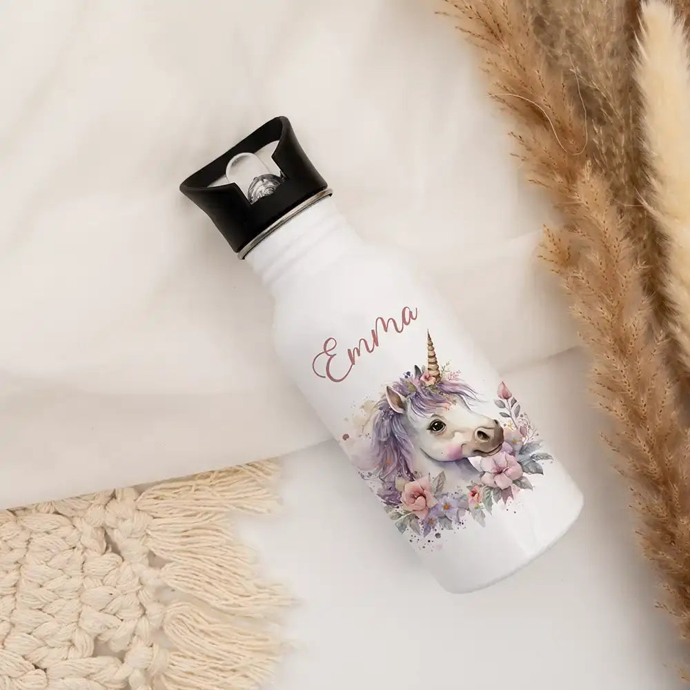 personalisierte kinder trinkflasche mit einhorn und blüten design