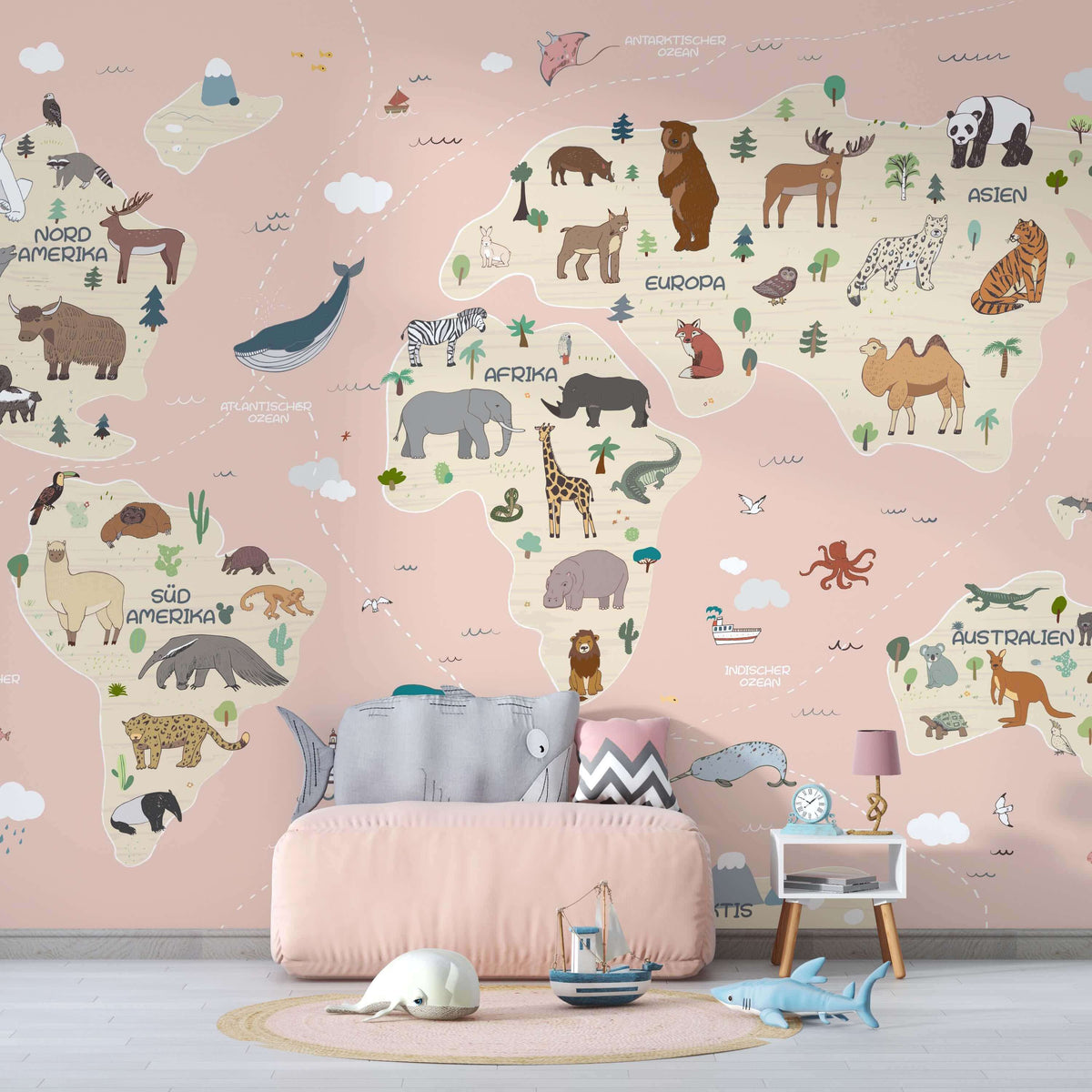 Fototapete Kinderzimmer Weltkarte mit Tieren in Rosa â Nahaufnahme der Tier-Illustrationen