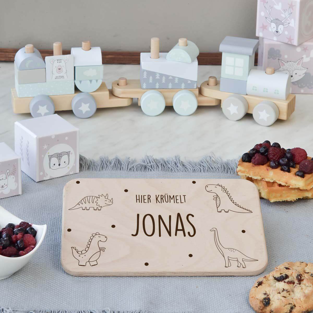 engraved breakfast board with dino and custom name