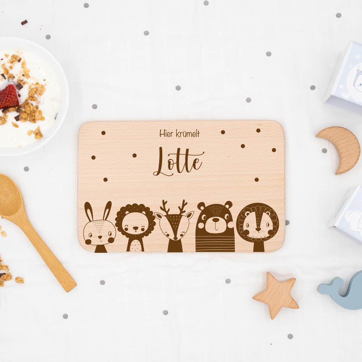 lose-up of animal family design on personalized breakfast board