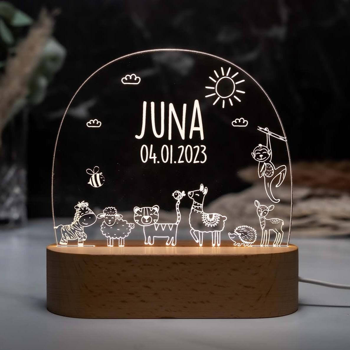 engraved night lamp with jungle animals and custom name