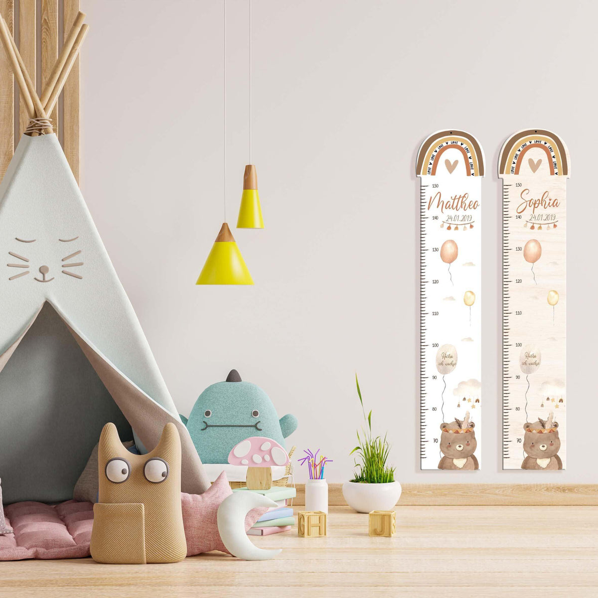 engraved height chart with rainbow and custom name