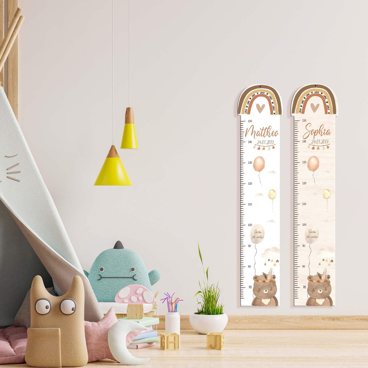 wooden height chart with rainbow motif