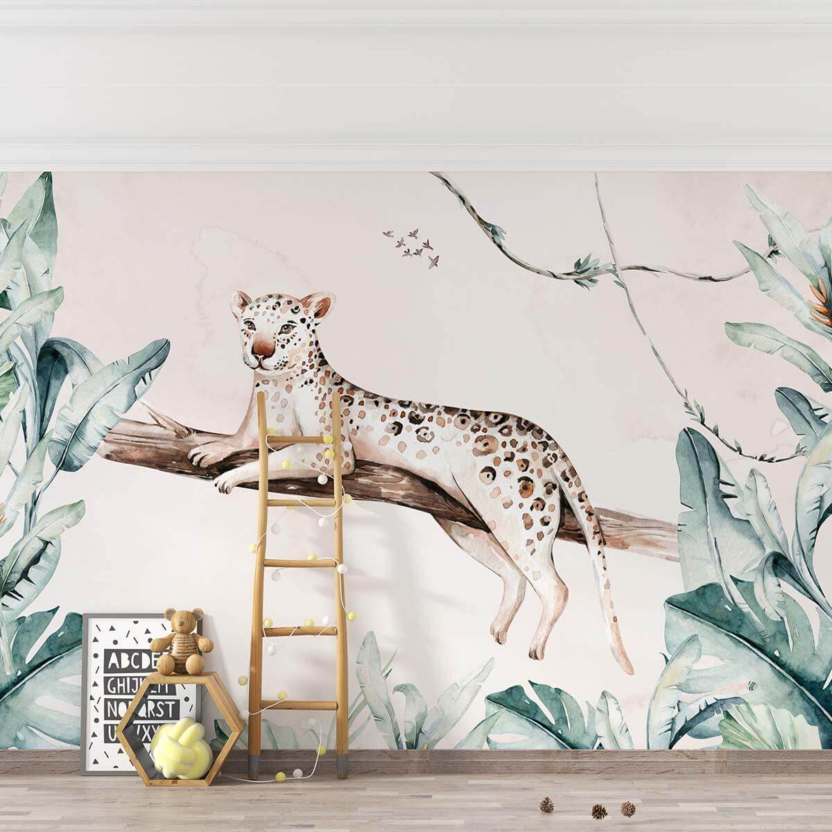 leopard wall mural with lush jungle surroundings