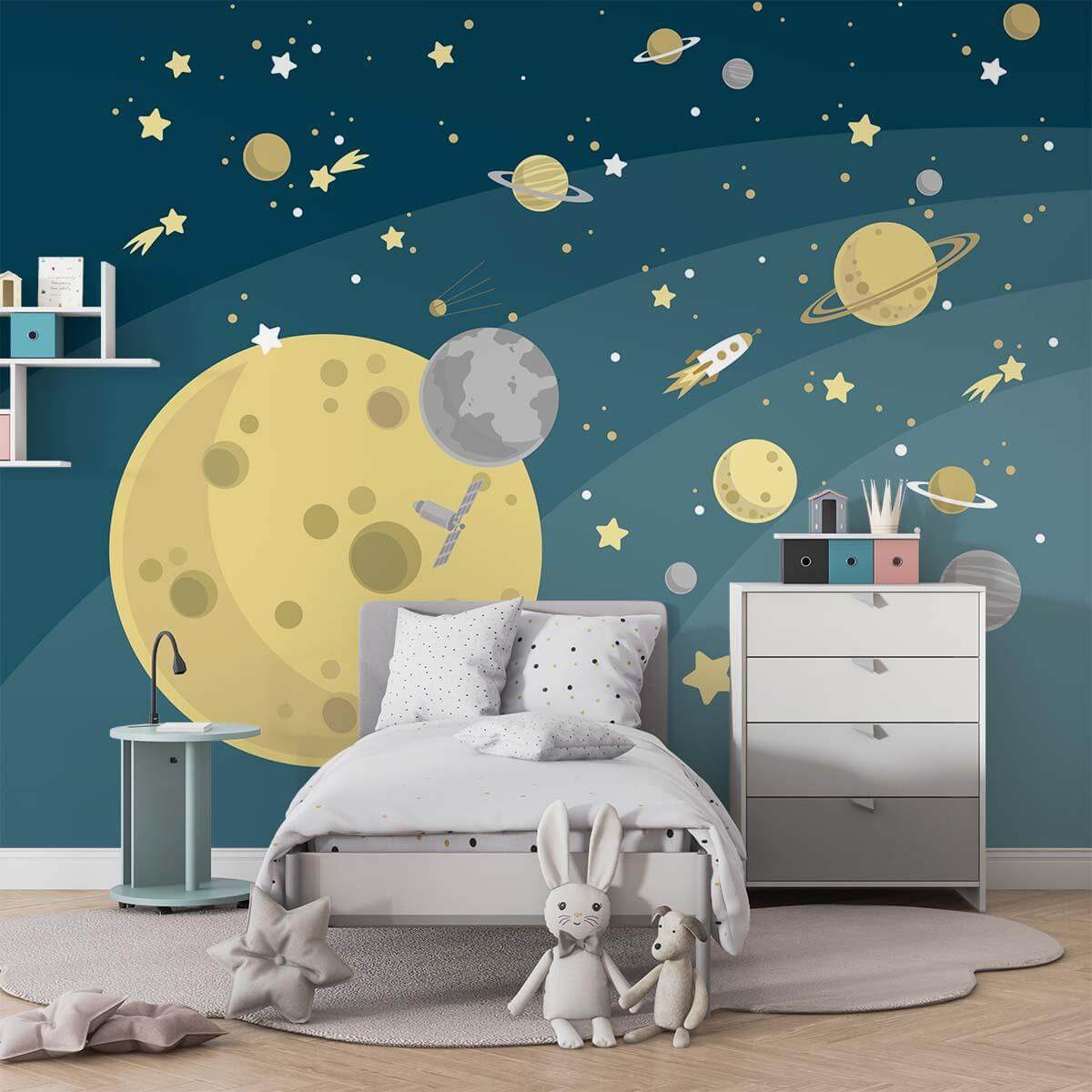 space-themed wall mural with planets and stars