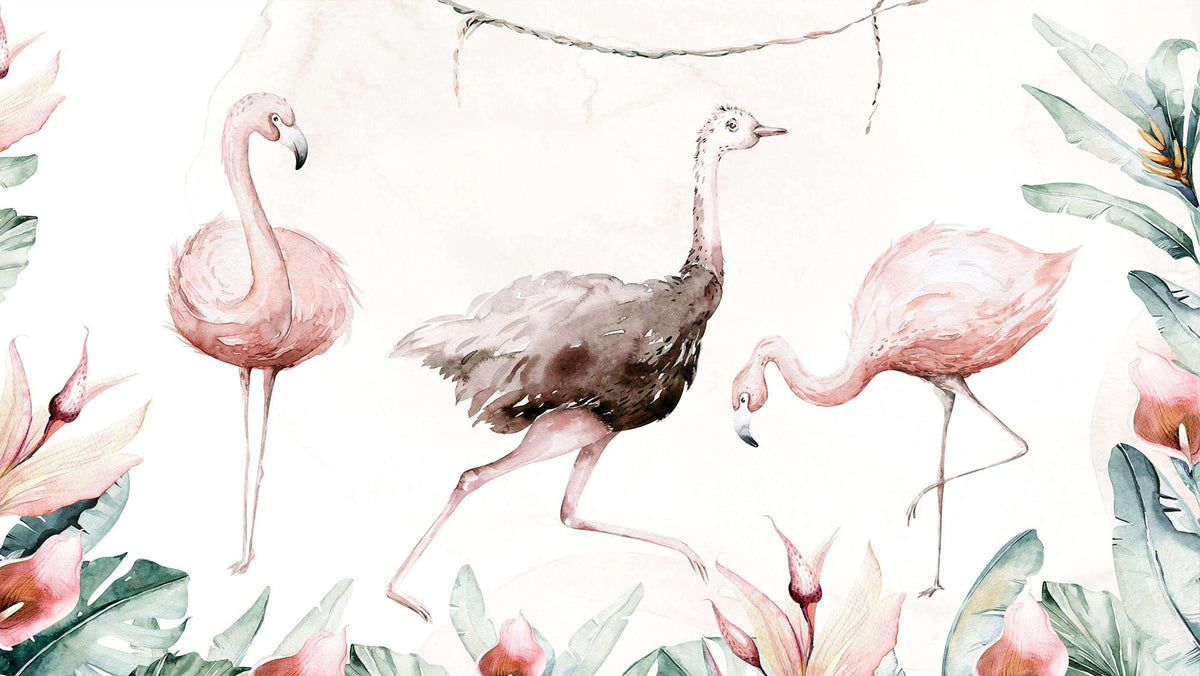 close-up of flamingo design on tropical wall mural