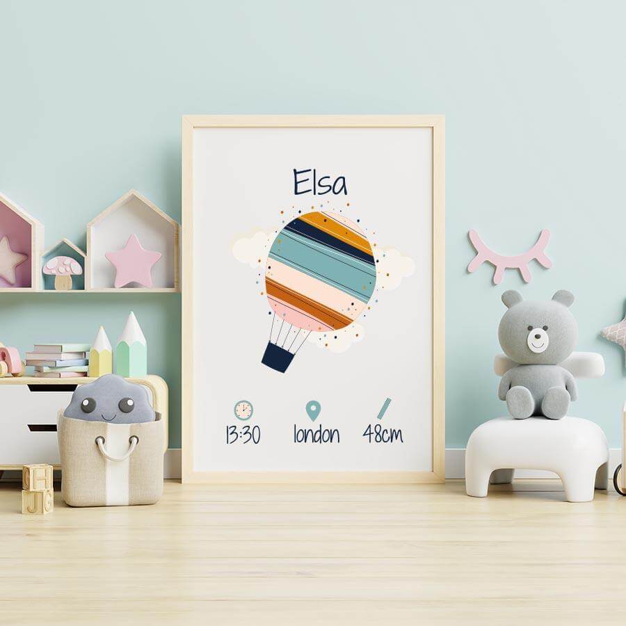 personalized birth poster with hot air balloon and pastel colors