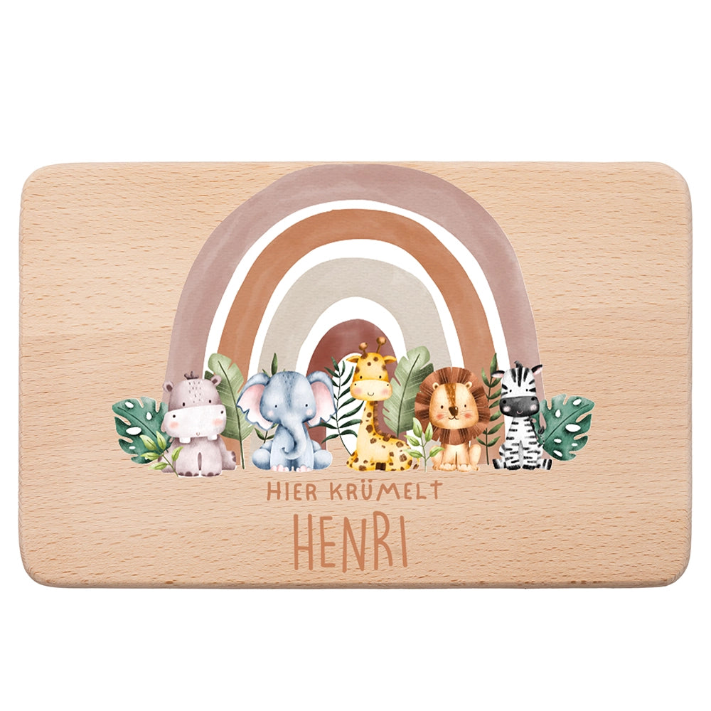 Frühstücksbrettchen Holz personalisiert - Tierfamilie unter Regenbogen
