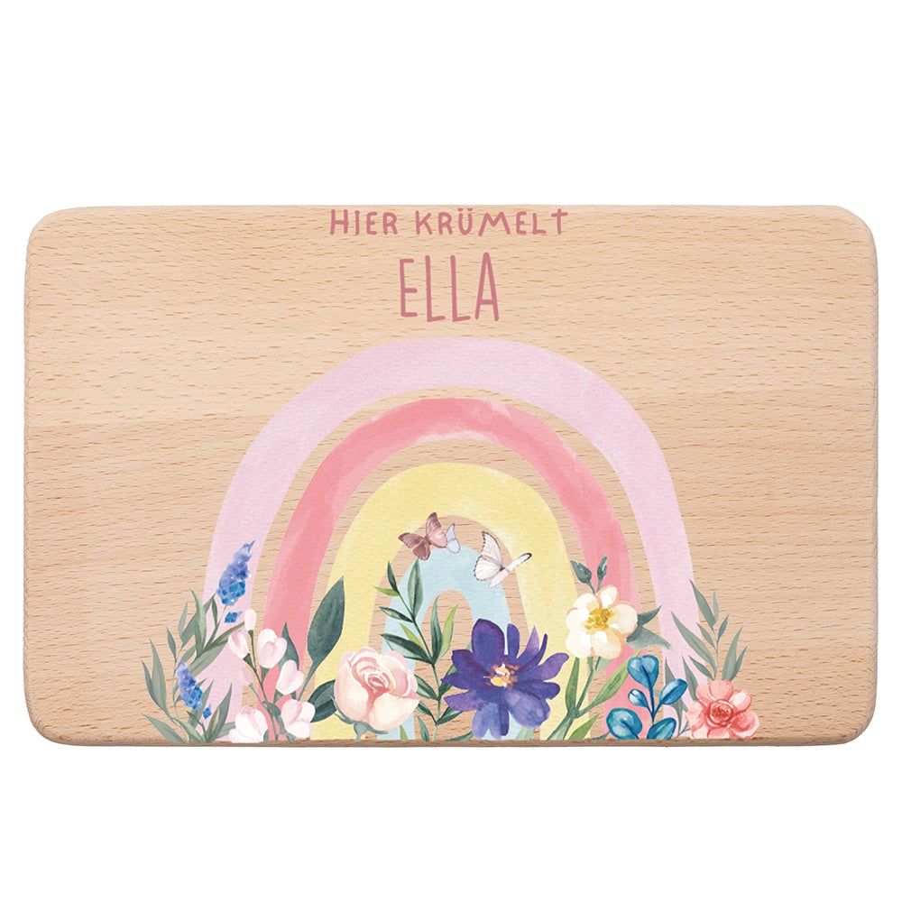Frühstücksbrettchen Holz personalisiert - Blumen Regenbogen