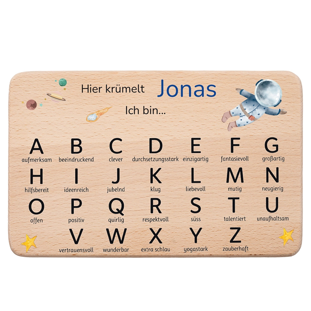 ABC Brettchen Kinder personalisiert – Astronaut Weltraum