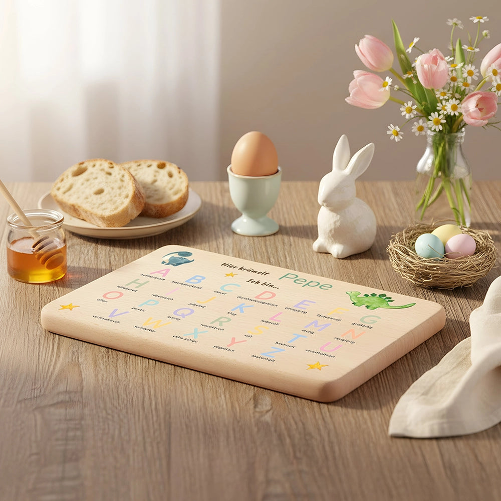 ABC Brettchen Kinder personalisiert – Dinosaurier pastell