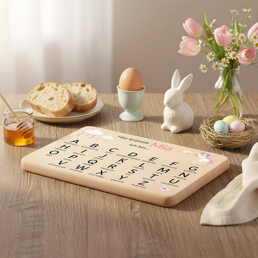 ABC Brettchen Kinder personalisiert – Einhorn mit Musiknoten