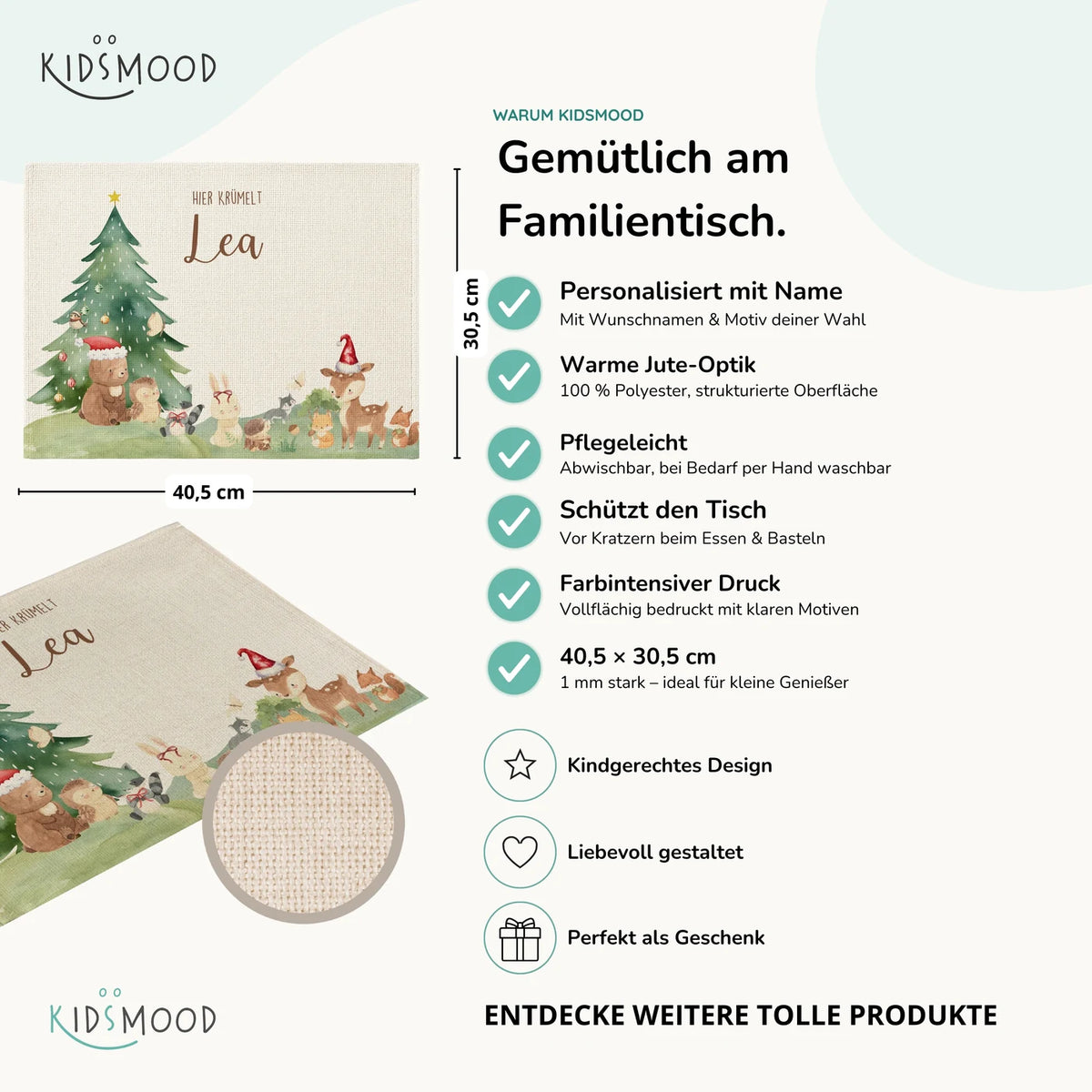 Tischset Kinder personalisiert Weihnachtsmotiv - Niedliche Waldtiere