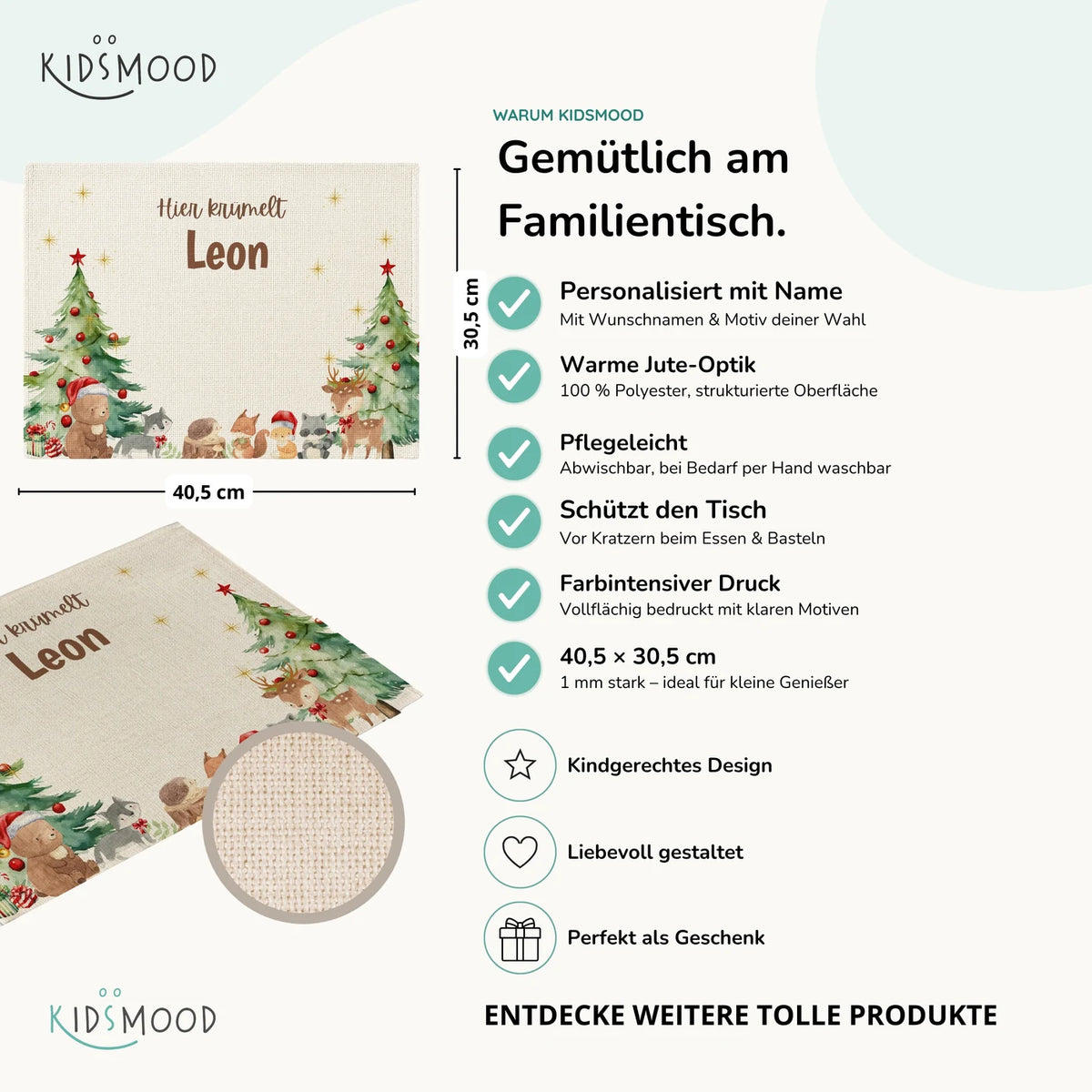 Tischset Kinder personalisiert Weihnachtsmotiv - Waldtiere
