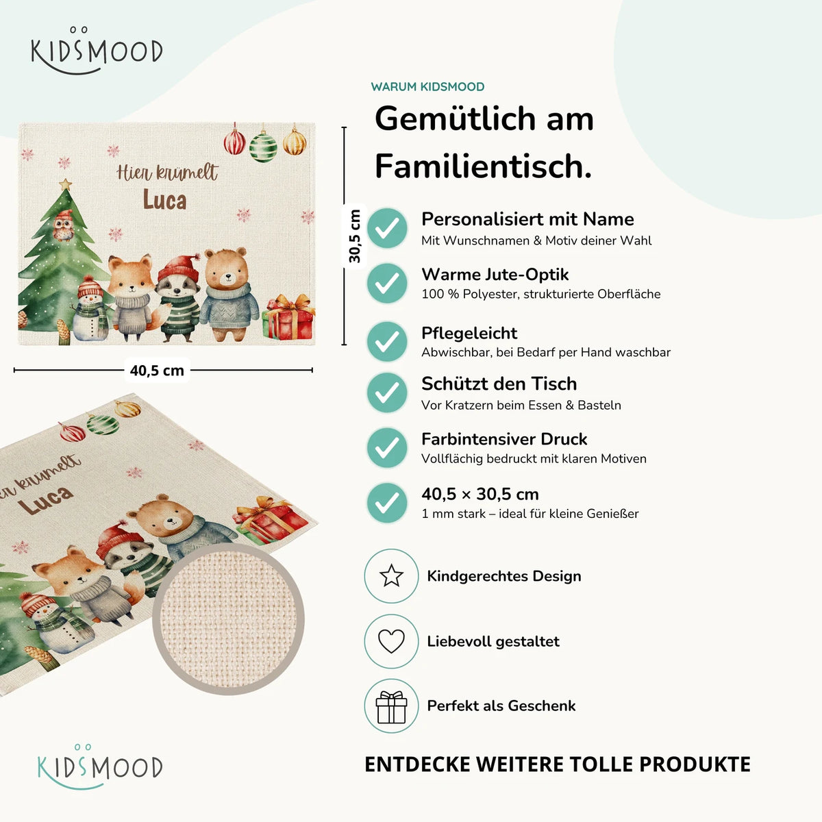 Tischset Kinder personalisiert Weihnachtsmotiv - Fluffy Friends