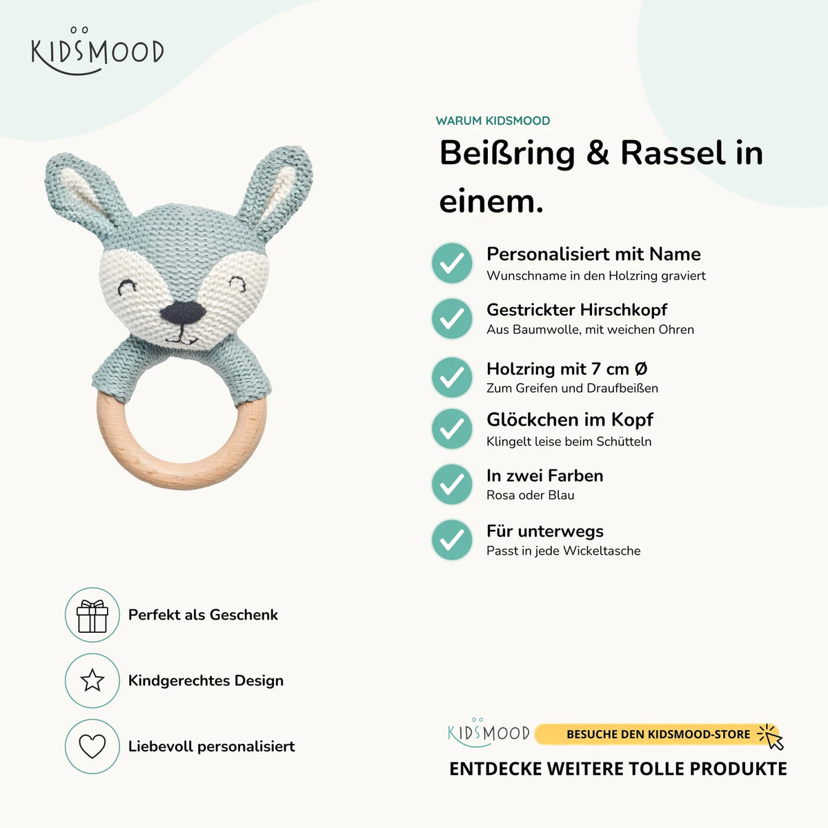 Baby Beißring mit Hirsch - Rosa/Blau Ø 7cm - Zahnen leicht gemacht