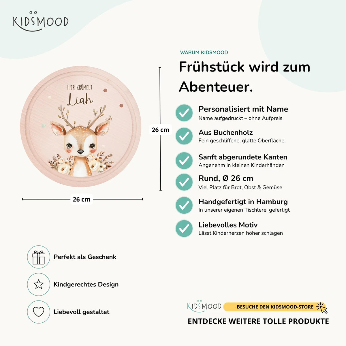 Rundes personalisiertes Frühstücksbrettchen Baby Reh mit Namen für Kinder