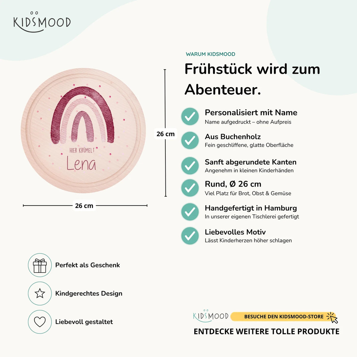 Rundes personalisiertes Frühstücksbrettchen Regenbogen mit Namen für Kinder