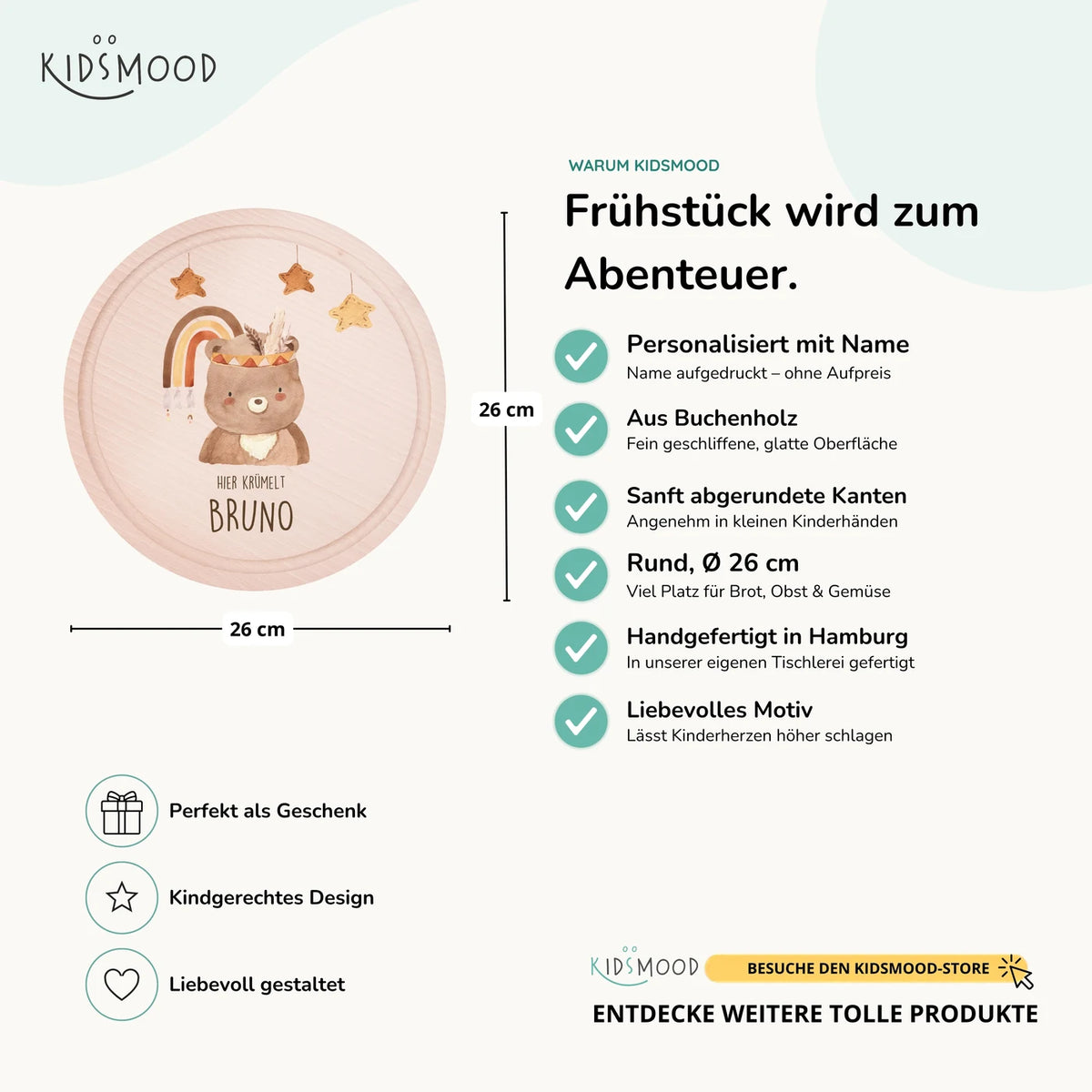 Rundes personalisiertes Frühstücksbrettchen Boho Bär mit Namen für Kinder