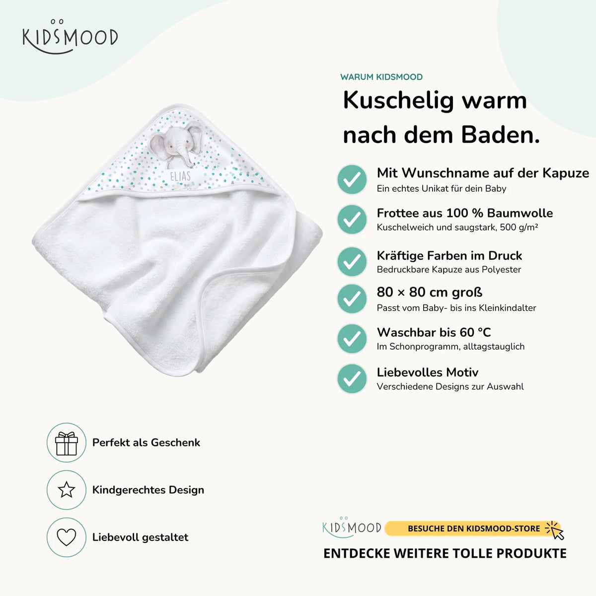 Personalisiertes Kapuzenhandtuch Baby – Elefant Konfetti