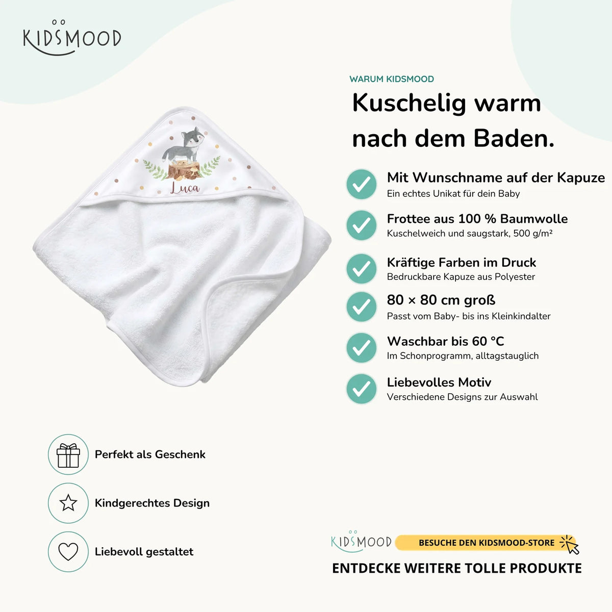 Personalisiertes Kapuzenhandtuch Baby – Wolf Wald
