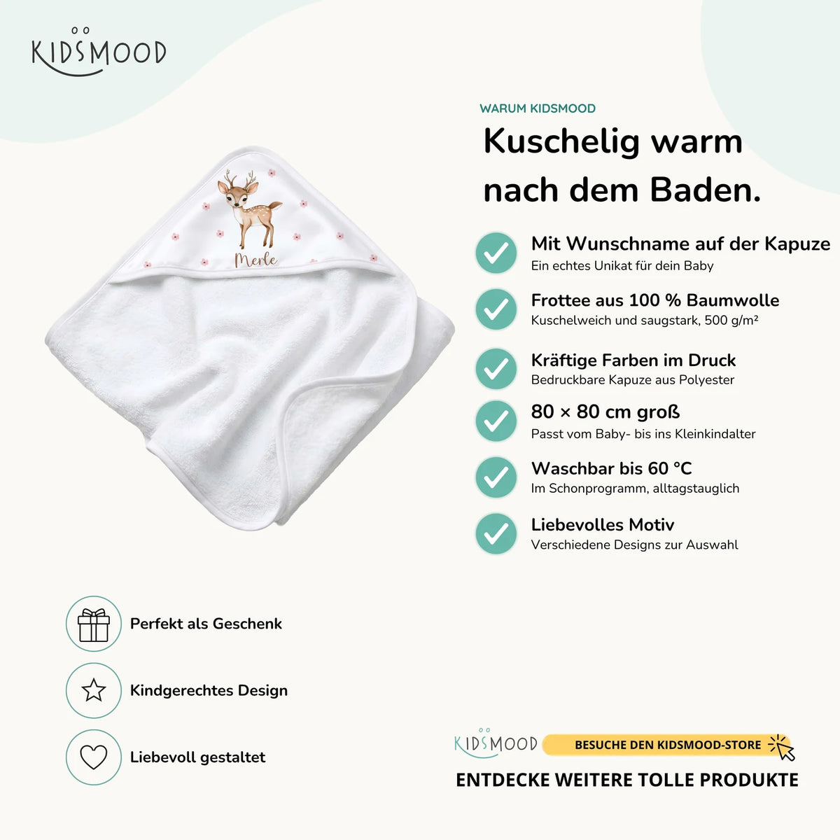 Personalisiertes Kapuzenhandtuch Baby – Reh Blüten