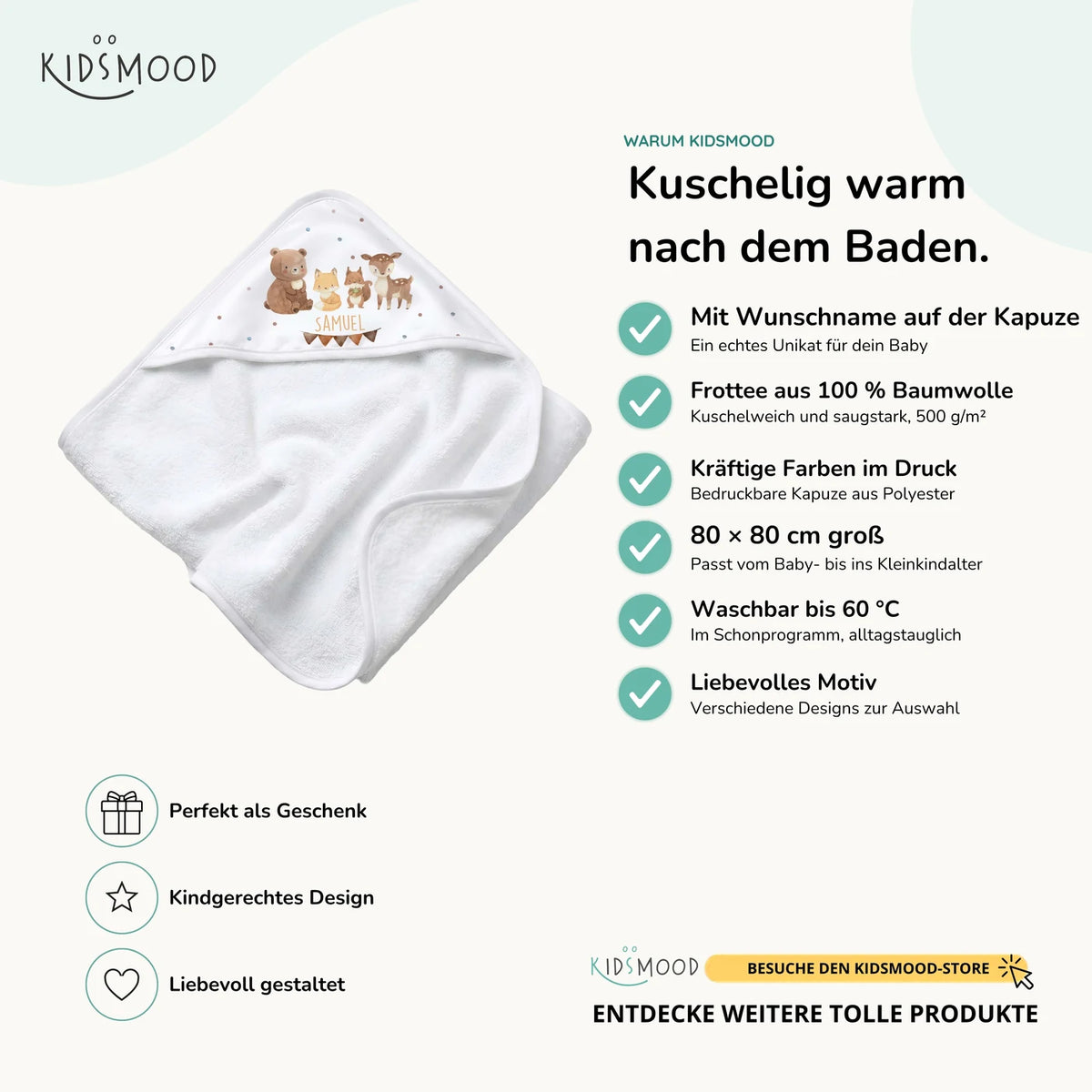 Personalisiertes Kapuzenhandtuch Baby – Waldtiere Wimpel