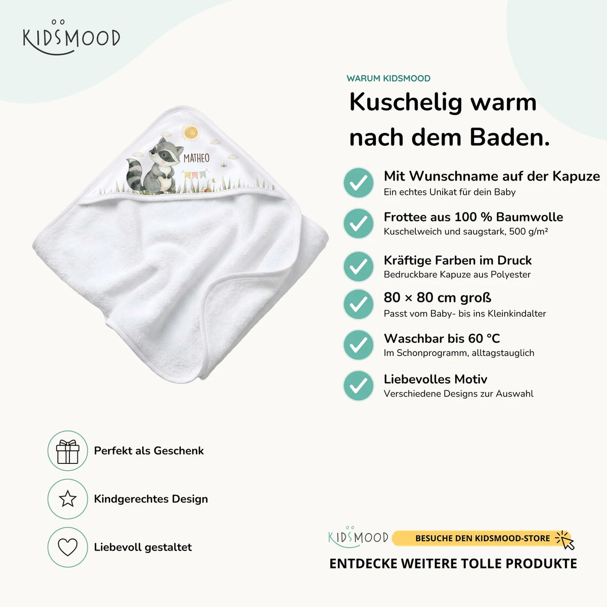 Personalisiertes Kapuzenhandtuch Baby – Waschbär Wiese