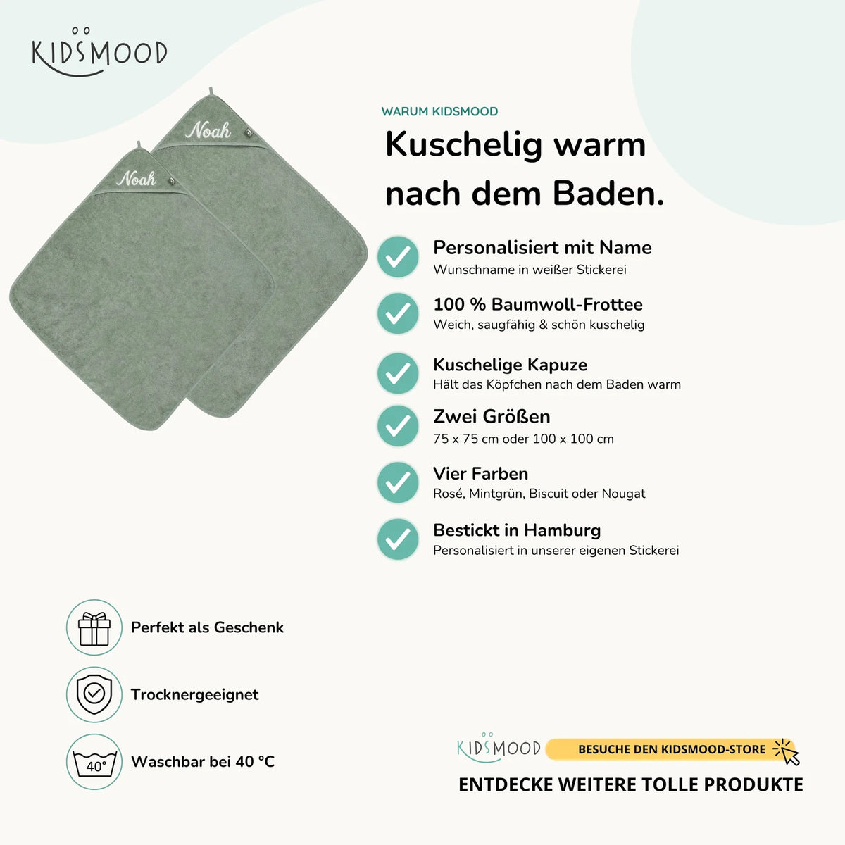 Kapuzenhandtuch Baby personalisiert – Mintgrün