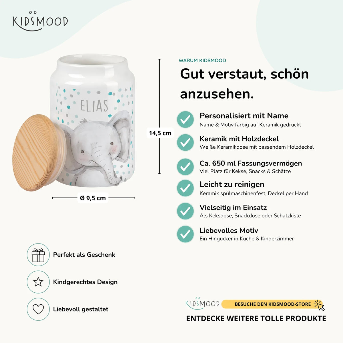 Personalisierbare Keksdose mit Name - Elefant mit Punkten