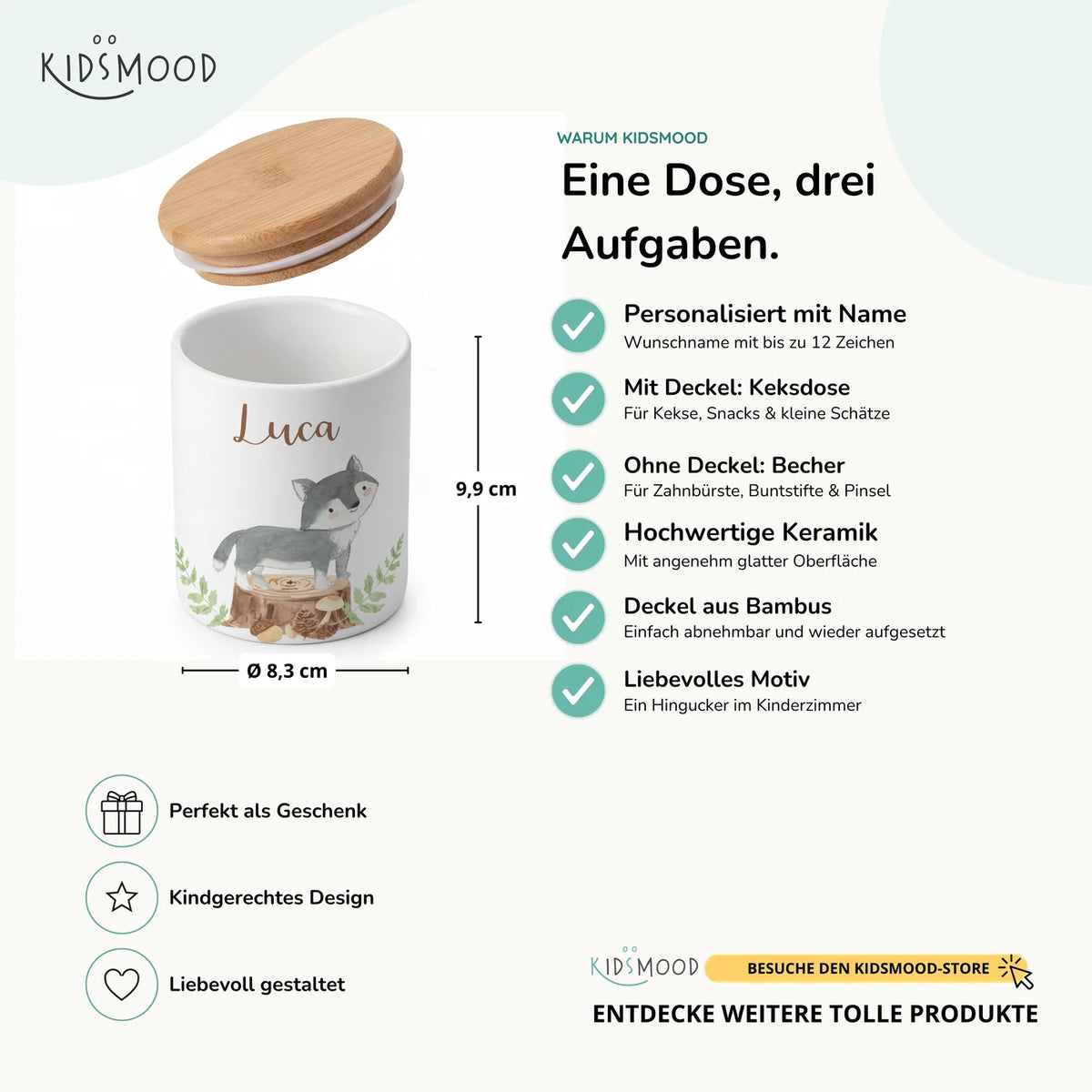 Personalisierte Keksdose Wolf Wald – Keramik & Bambus mit Wunschname
