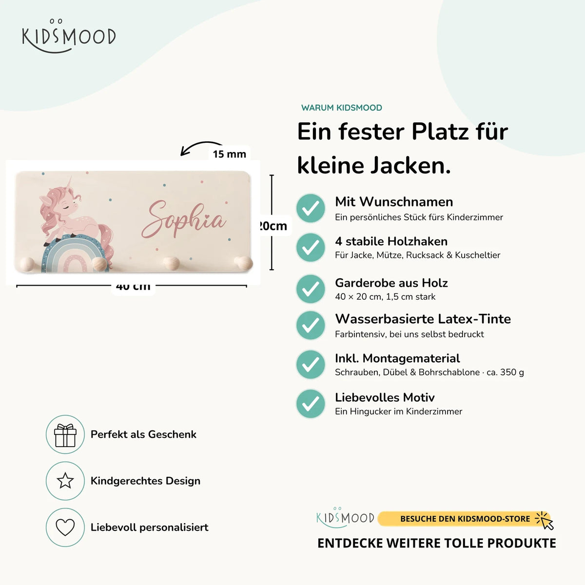 Kindergarderobe Holz personalisiert - Einhorn