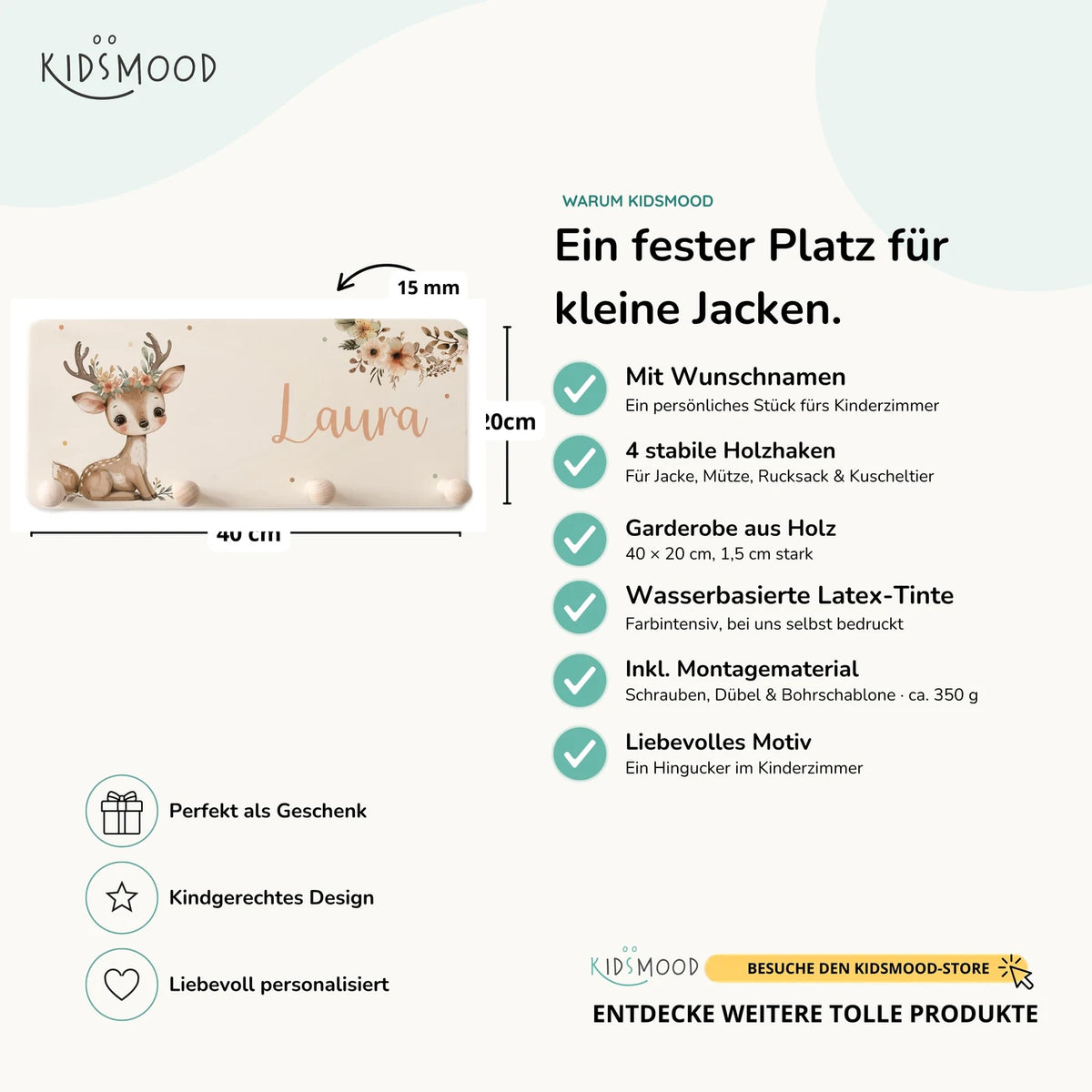 Kindergarderobe Holz personalisiert - Reh